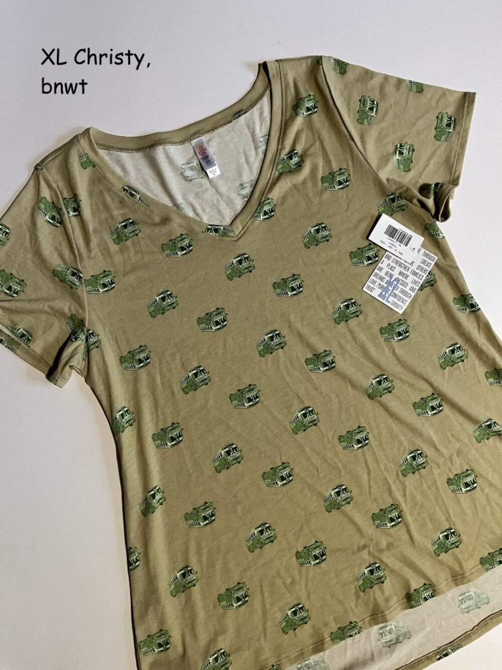 XL Lularoe Christy v-neck t-shirt, tan with green busses